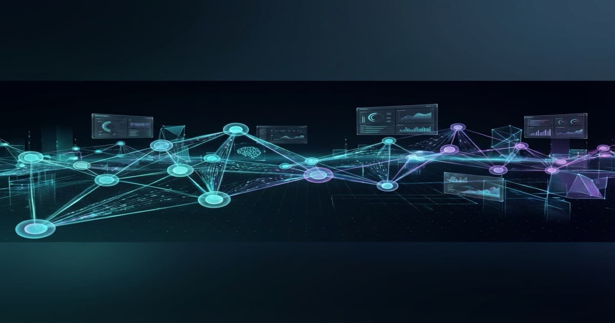 Illustration 3D futuriste de réseaux neuronaux d'IA connectant des dashboards d'entreprise et des systèmes d'automatisation robotique avec des flux de données cyan et violet lumineux