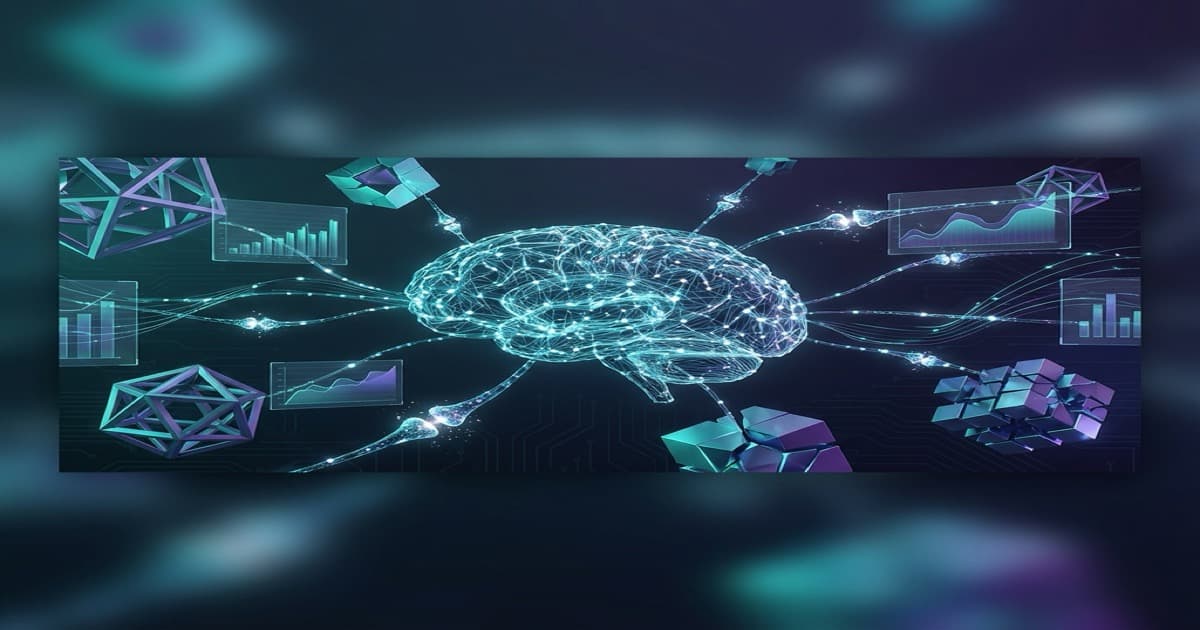 Illustration 3D futuriste de réseaux neuronaux d'IA et de machine learning connectés à des bâtiments d'entreprise