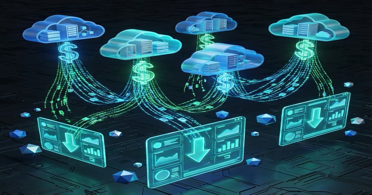 Illustration 3D futuriste de l'optimisation des coûts cloud montrant des formes géométriques de cloud avec des indicateurs de coûts et des structures de données efficientes