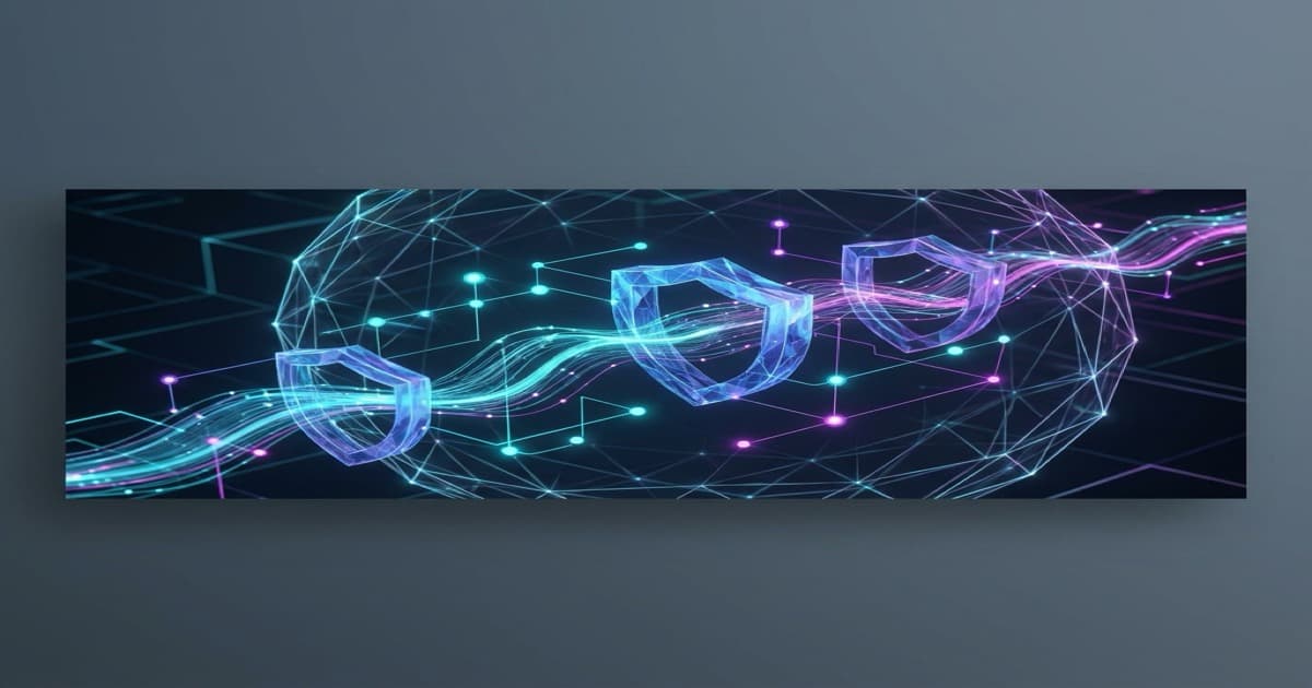 Illustration 3D futuriste de la gouvernance des données montrant des boucliers géométriques protégeant des flux de données lumineux avec des nœuds de politiques interconnectés