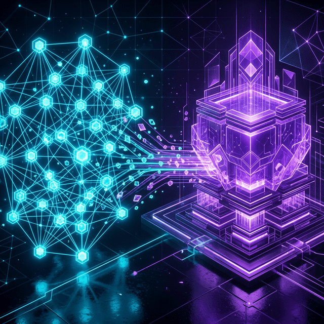 Illustration 3D futuriste représentant deux architectures data distinctes — un réseau décentralisé de nœuds lumineux cyan face à un lac de données unifié avec des couches géométriques violettes