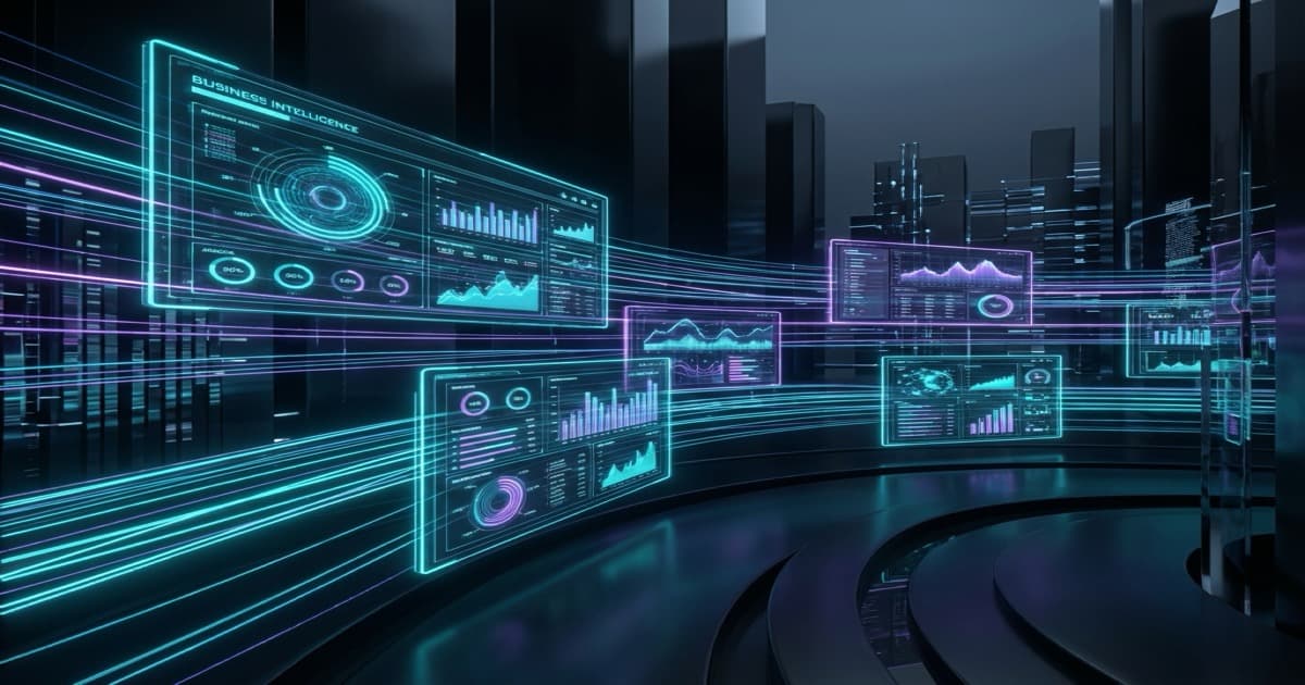 Visualisation 3D moderne de dashboards analytiques d'entreprise avec des graphiques en verre flottants et des flux de données