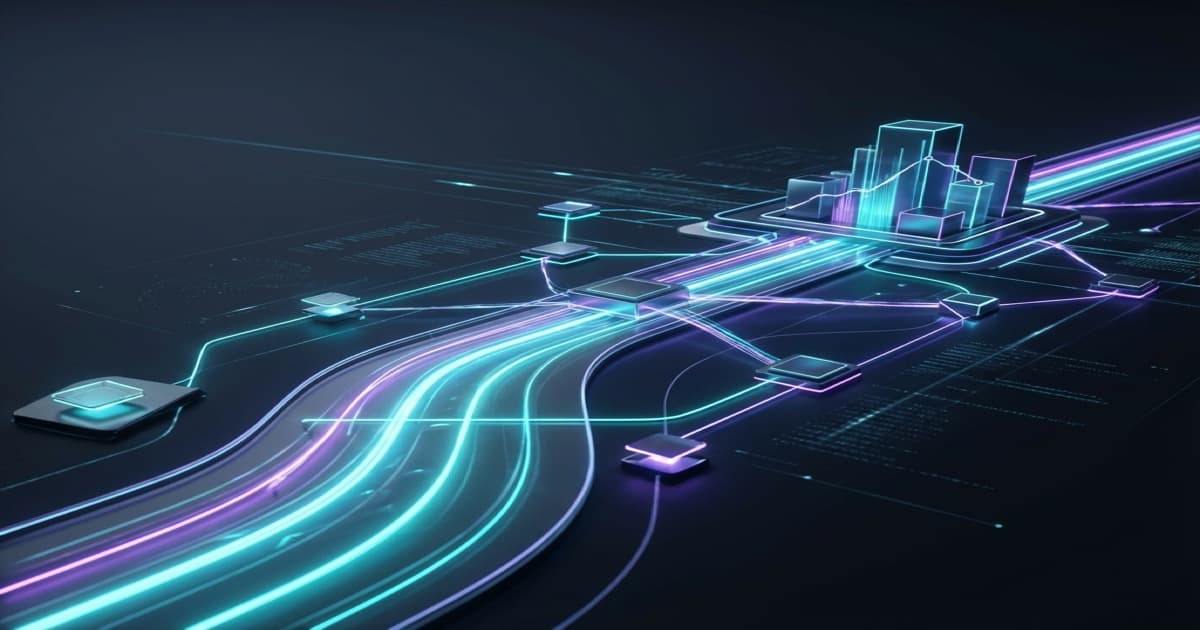Illustration 3D conceptuelle de la stratégie data du futur montrant une boussole numérique lumineuse guidant à travers des réseaux de données complexes