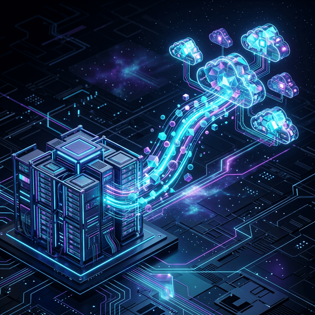 Illustration 3D futuriste d'une migration de données vers BigQuery. Des flux de données cyan et violet transitent d'une architecture serveur rigide vers des nœuds cloud flottants. Géométrique, high-tech, fond sombre.