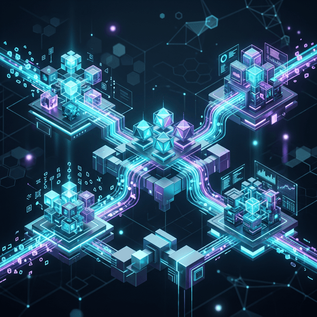 Illustration 3D futuriste d'un pipeline MLOps avec des flux de données cyan et violet reliant des cubes géométriques flottants représentant l'entraînement, le déploiement et le monitoring de modèles IA