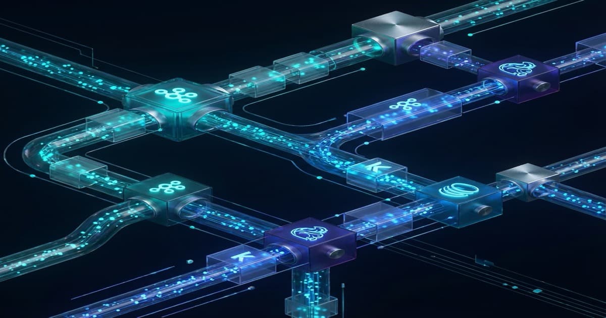 Illustration 3D futuriste de l'analytique temps réel montrant des flux de données cyan lumineux traversant des pipelines géométriques avec des dashboards flottants
