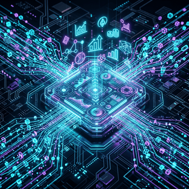 Illustration 3D futuriste de flux de données convergeant vers un tableau de bord analytique lumineux avec des métriques ROI flottantes en cyan et violet