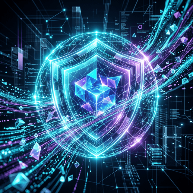 Illustration 3D futuriste d'un bouclier de données lumineux entouré de flux chiffrés cyan et violet, représentant la protection des actifs digitaux d'une entreprise