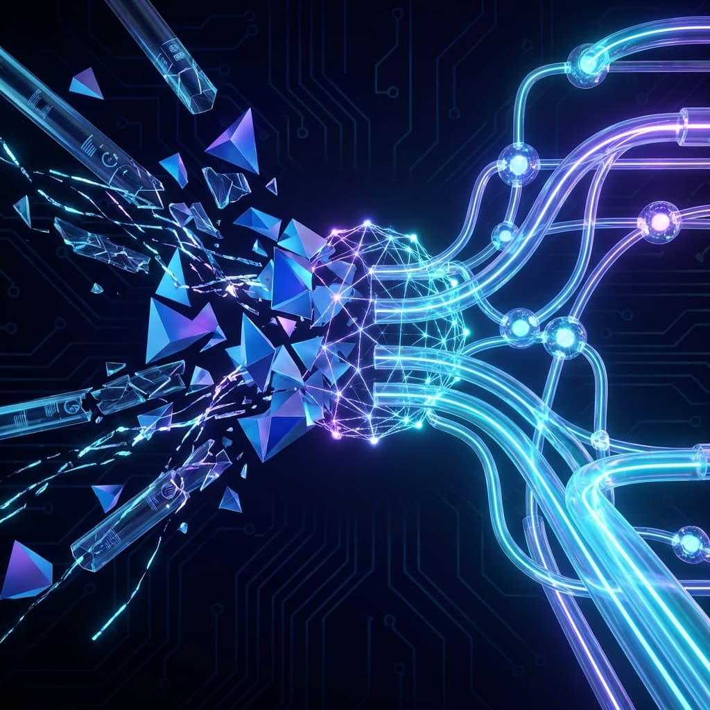 Visualisation 3D futuriste de pipelines de données fragmentés se transformant en réseaux fluides unifiés avec des accents cyan et violet